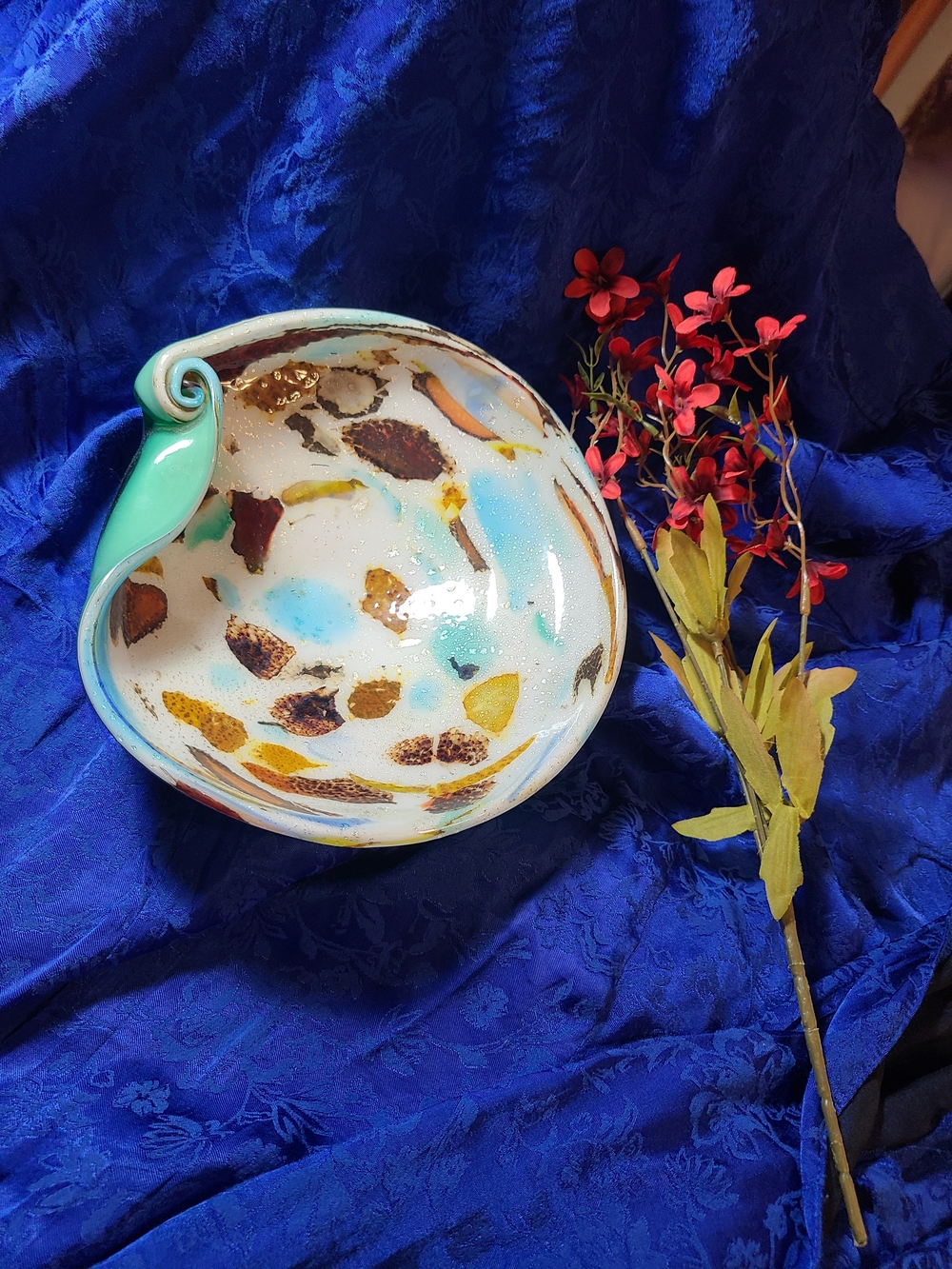 Antique Turquoise White Ceramic Decorative Bowl with Gold and Brown Accents - Picture 3 of 9